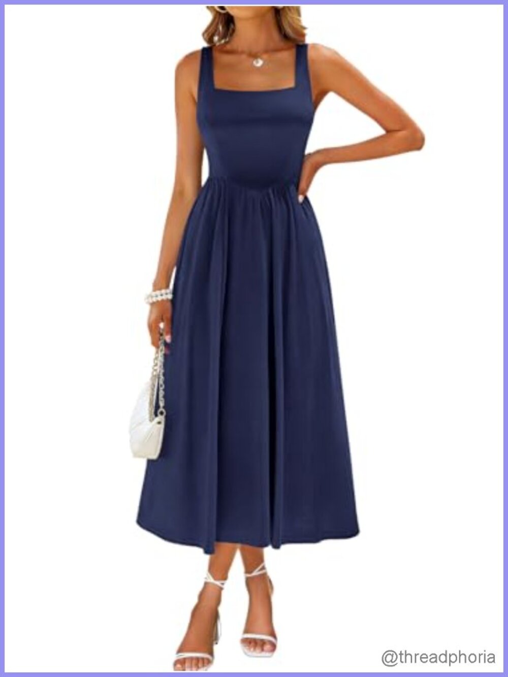 Midi Dress Square Neck Sleeveless A Line Summer Sundress with Pockets